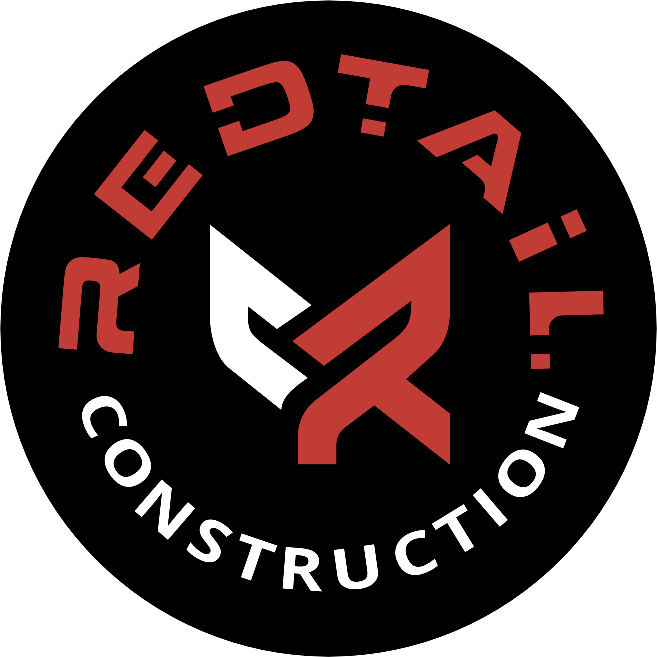 Redtail Construction Logo. Black Circle with the word Redtail in red color curved on top with the white and red symbol in the middle and the word construction in white letter curving up at the bottom. Outdoor spaces, concrete services, hardscape services, concrete patios, fire pits, outdoor kitchens